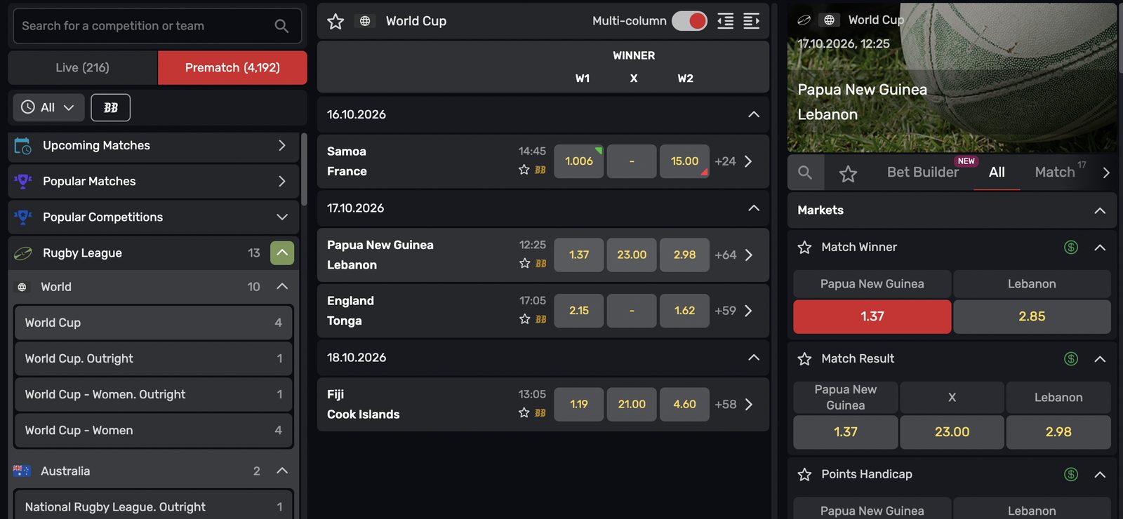 Sports page showing World Cup, the Kumuls match and the Bet Builder tab